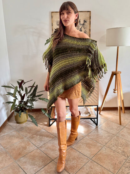 1970's vintage hand knit multi-tonal green stripe hand knit poncho with fringe detailing