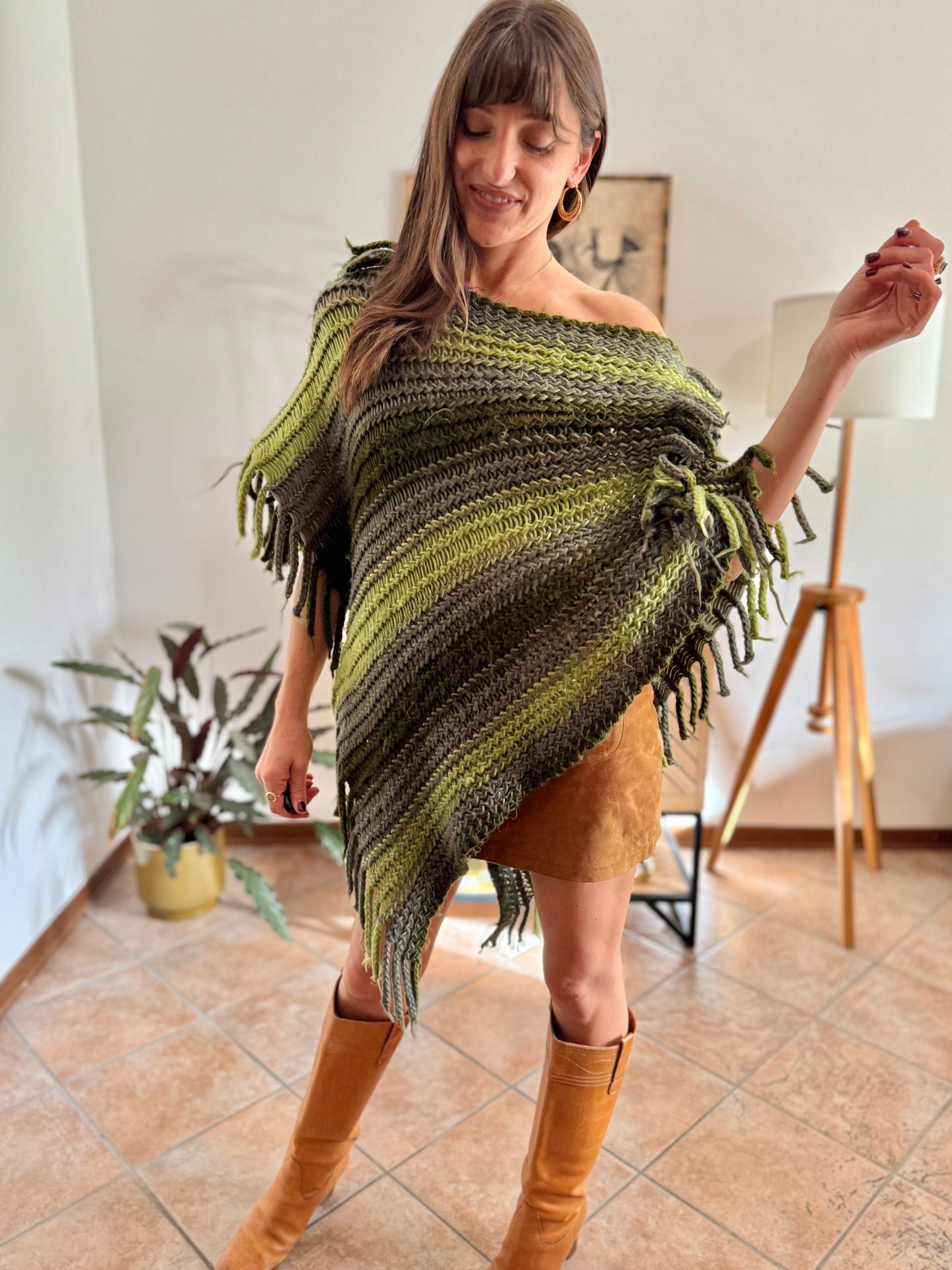 1970's vintage hand knit multi-tonal green stripe hand knit poncho with fringe detailing