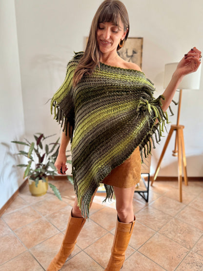 1970's vintage hand knit multi-tonal green stripe hand knit poncho with fringe detailing