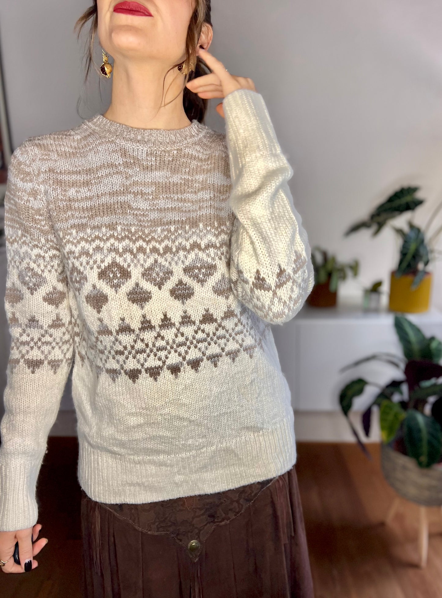 1990's vintage cream and beige geometric knit pullover