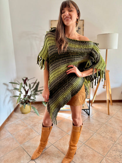 1970's vintage hand knit multi-tonal green stripe hand knit poncho with fringe detailing