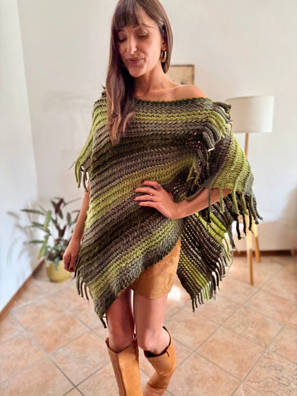 1970's vintage hand knit multi-tonal green stripe hand knit poncho with fringe detailing