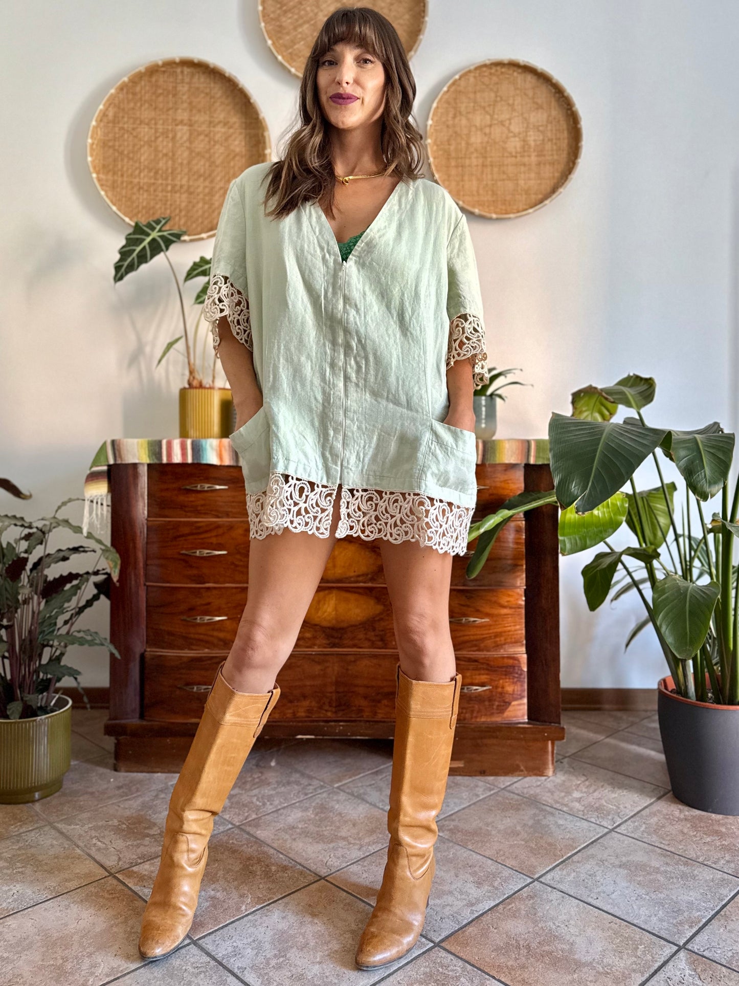 1970's vintage oversize mint green linen mini dress with crocheted detailing