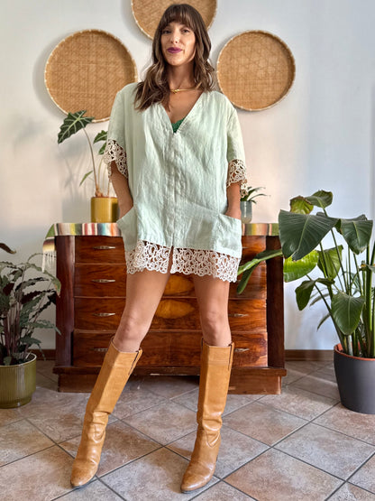 1970's vintage oversize mint green linen mini dress with crocheted detailing