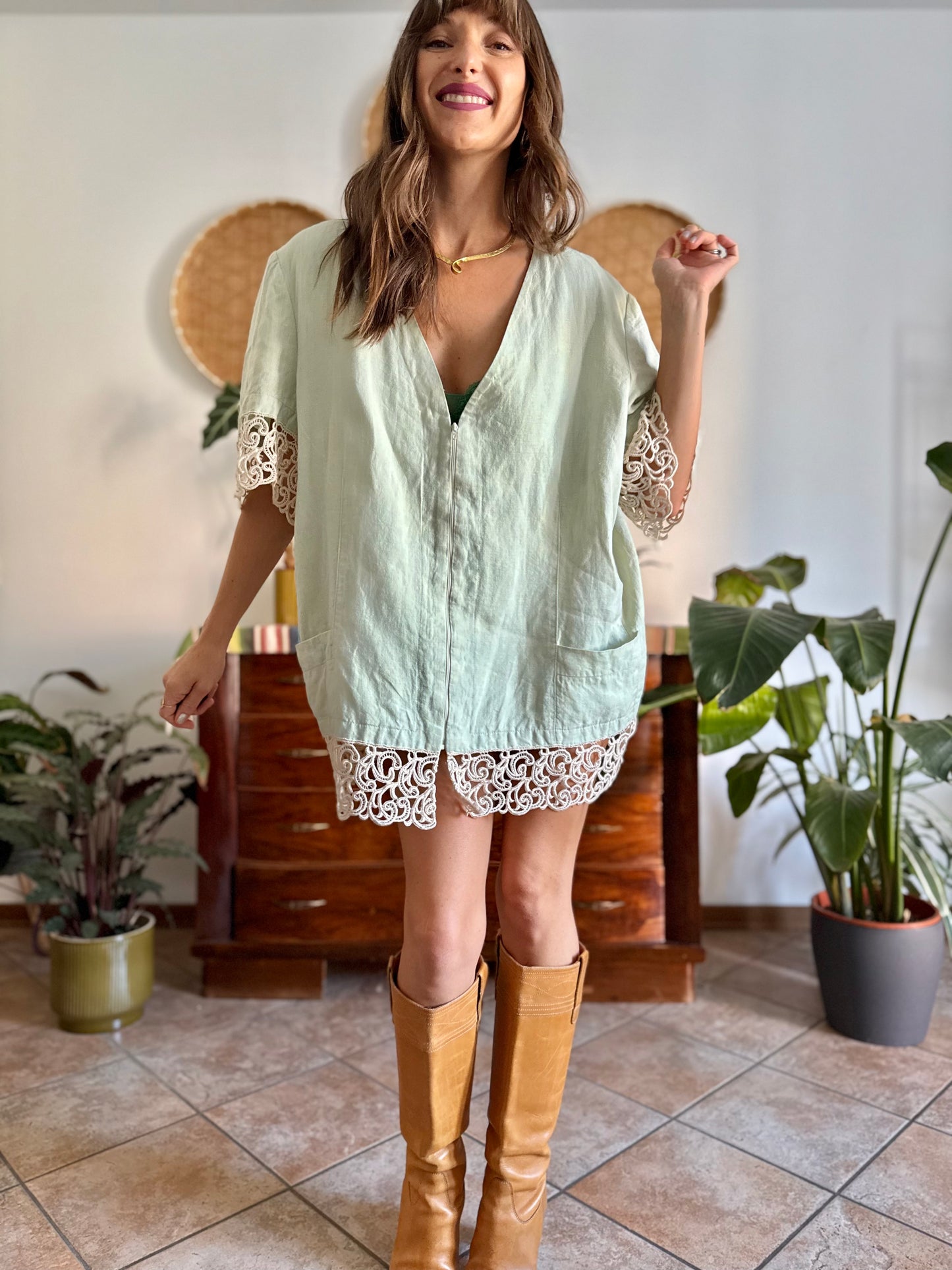 1970's vintage oversize mint green linen mini dress with crocheted detailing