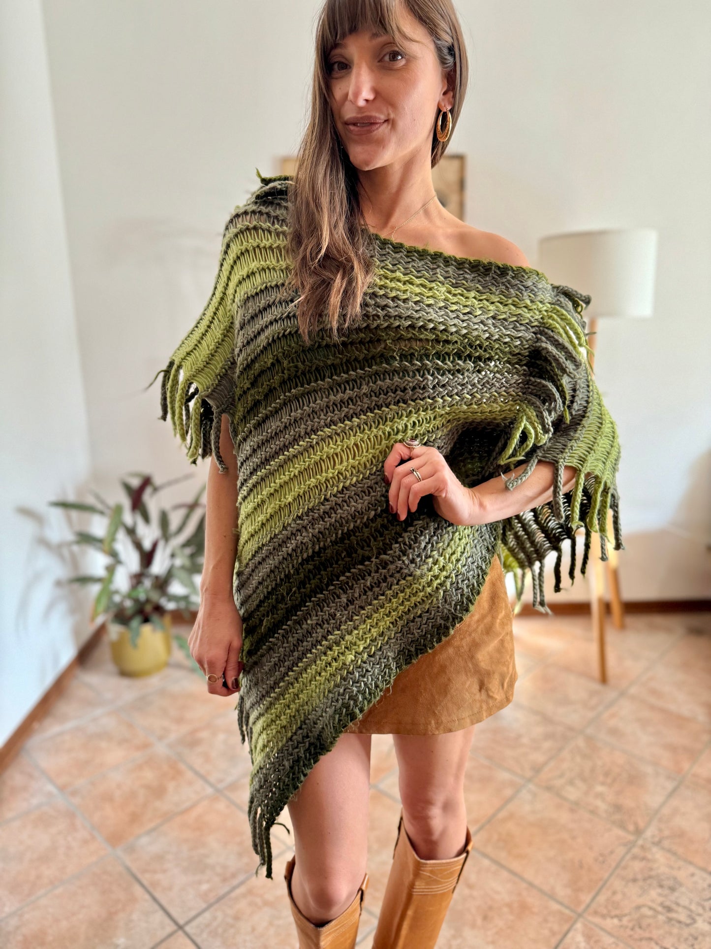 1970's vintage hand knit multi-tonal green stripe hand knit poncho with fringe detailing