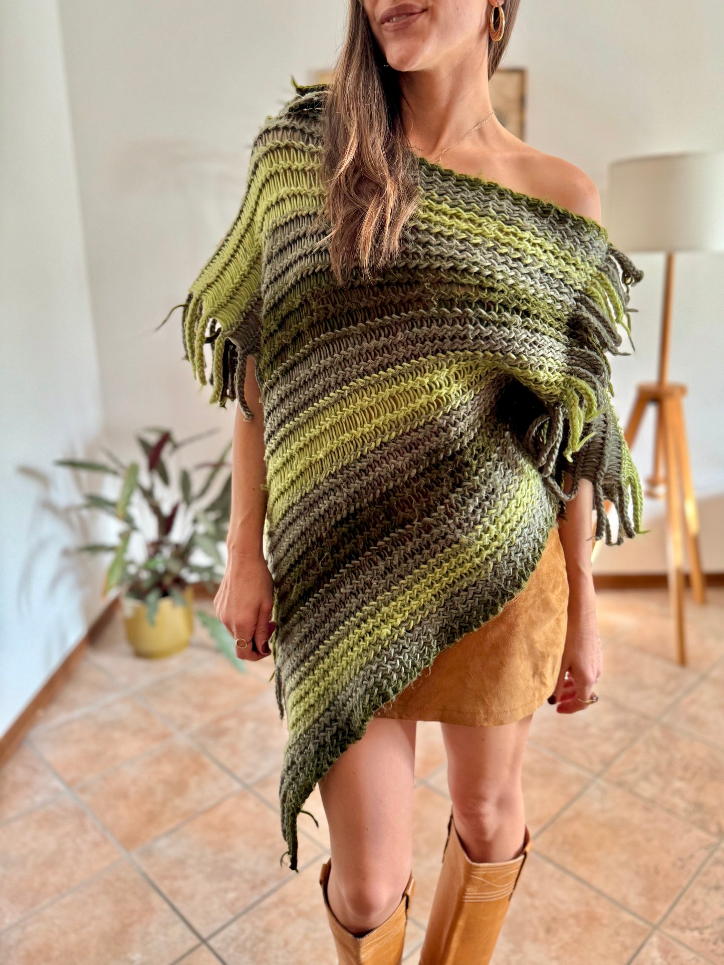 1970's vintage hand knit multi-tonal green stripe hand knit poncho with fringe detailing