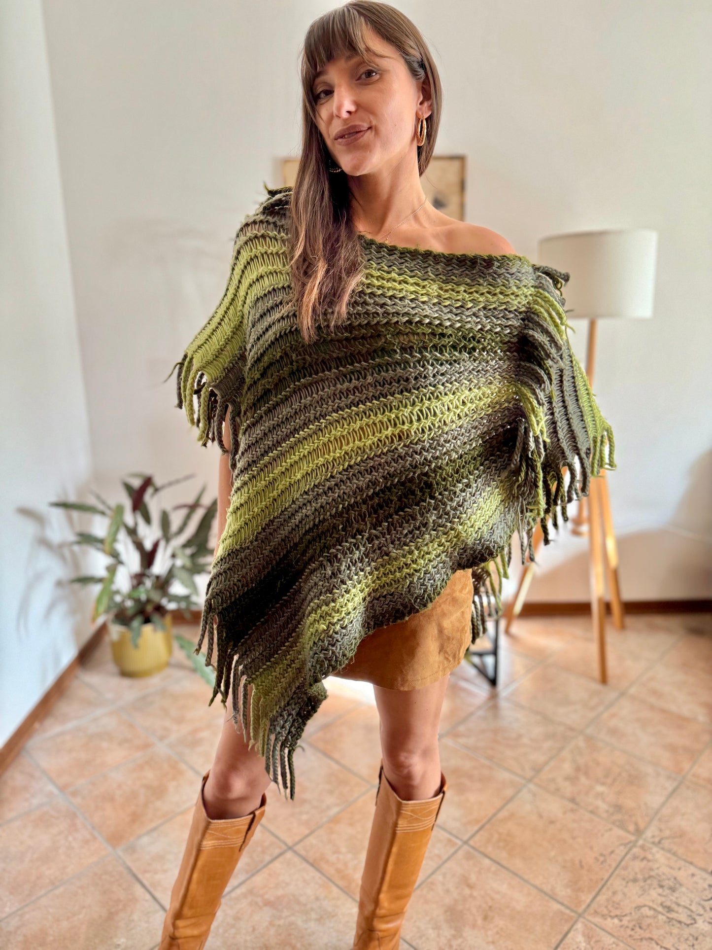 1970's vintage hand knit multi-tonal green stripe hand knit poncho with fringe detailing