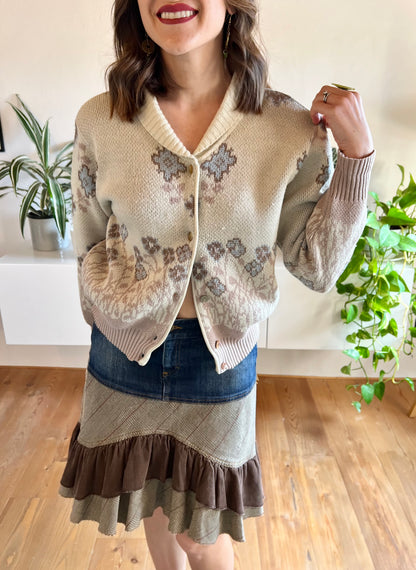 1980's vintage tan and blue floral spring cardigan