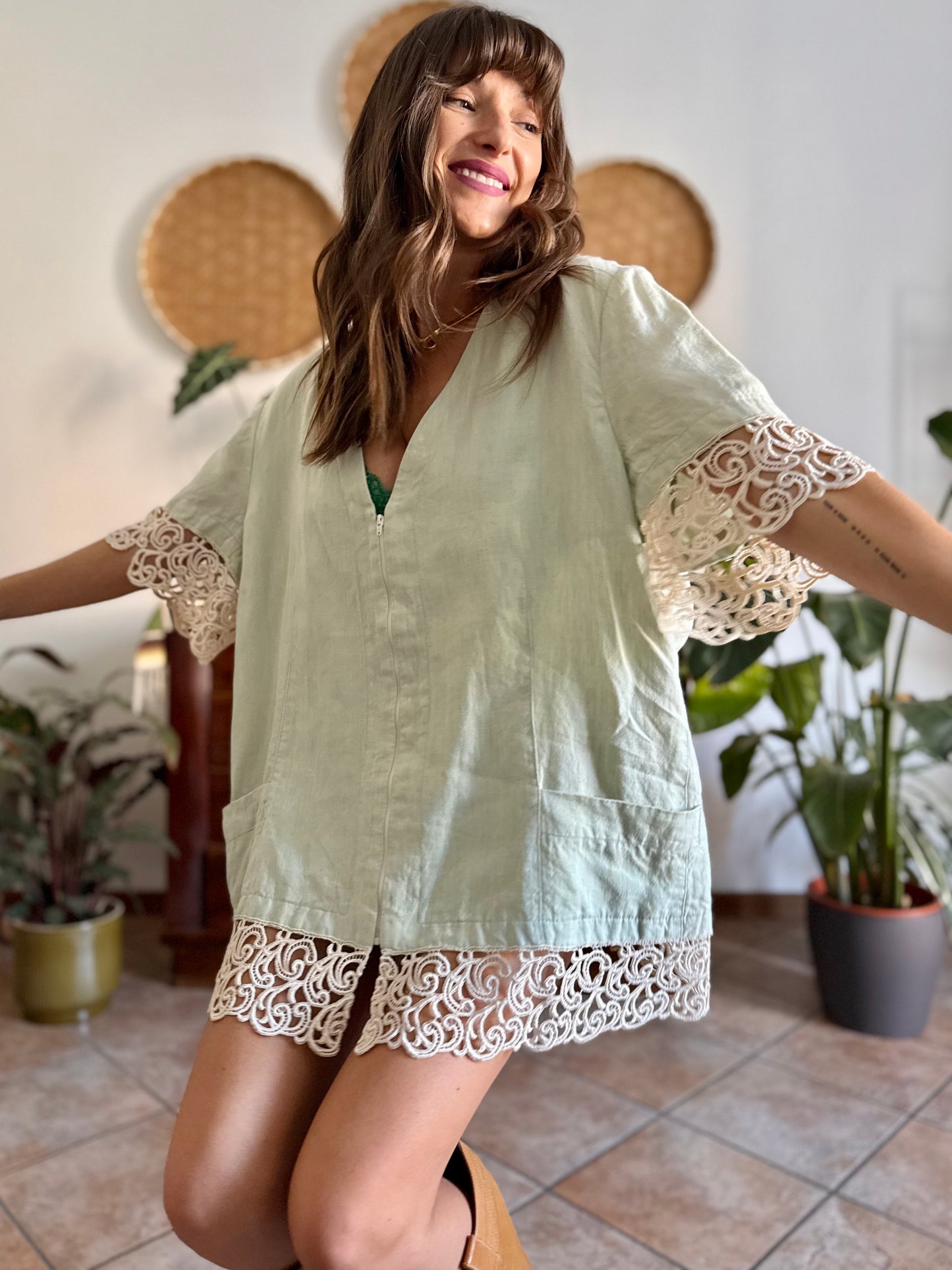 1970's vintage oversize mint green linen mini dress with crocheted detailing