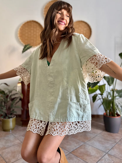 1970's vintage oversize mint green linen mini dress with crocheted detailing