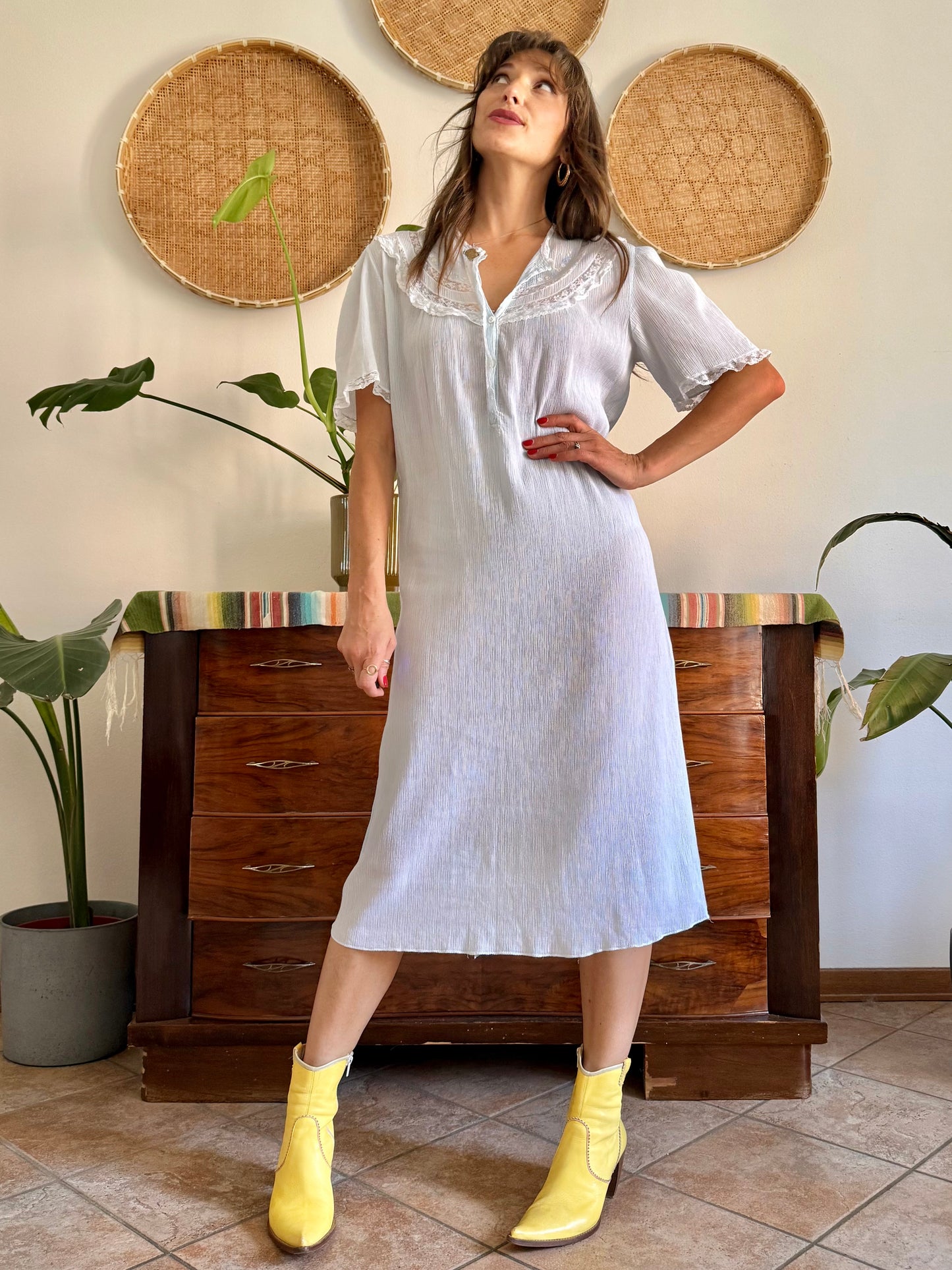 1960's vintage powder blue set sheer textured cotton midi dress with polkadot and floral embroidery