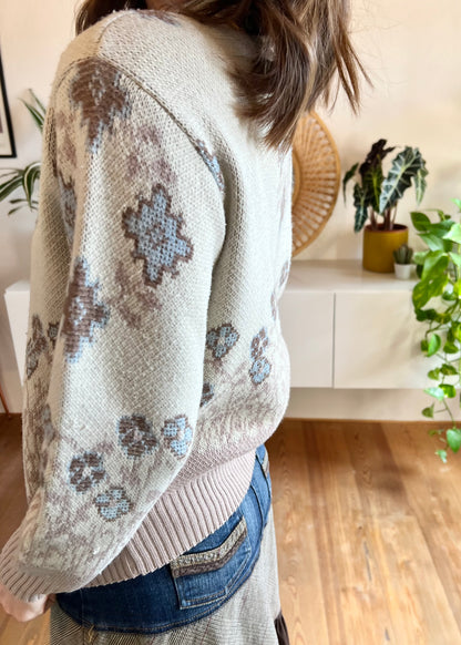 1980's vintage tan and blue floral spring cardigan