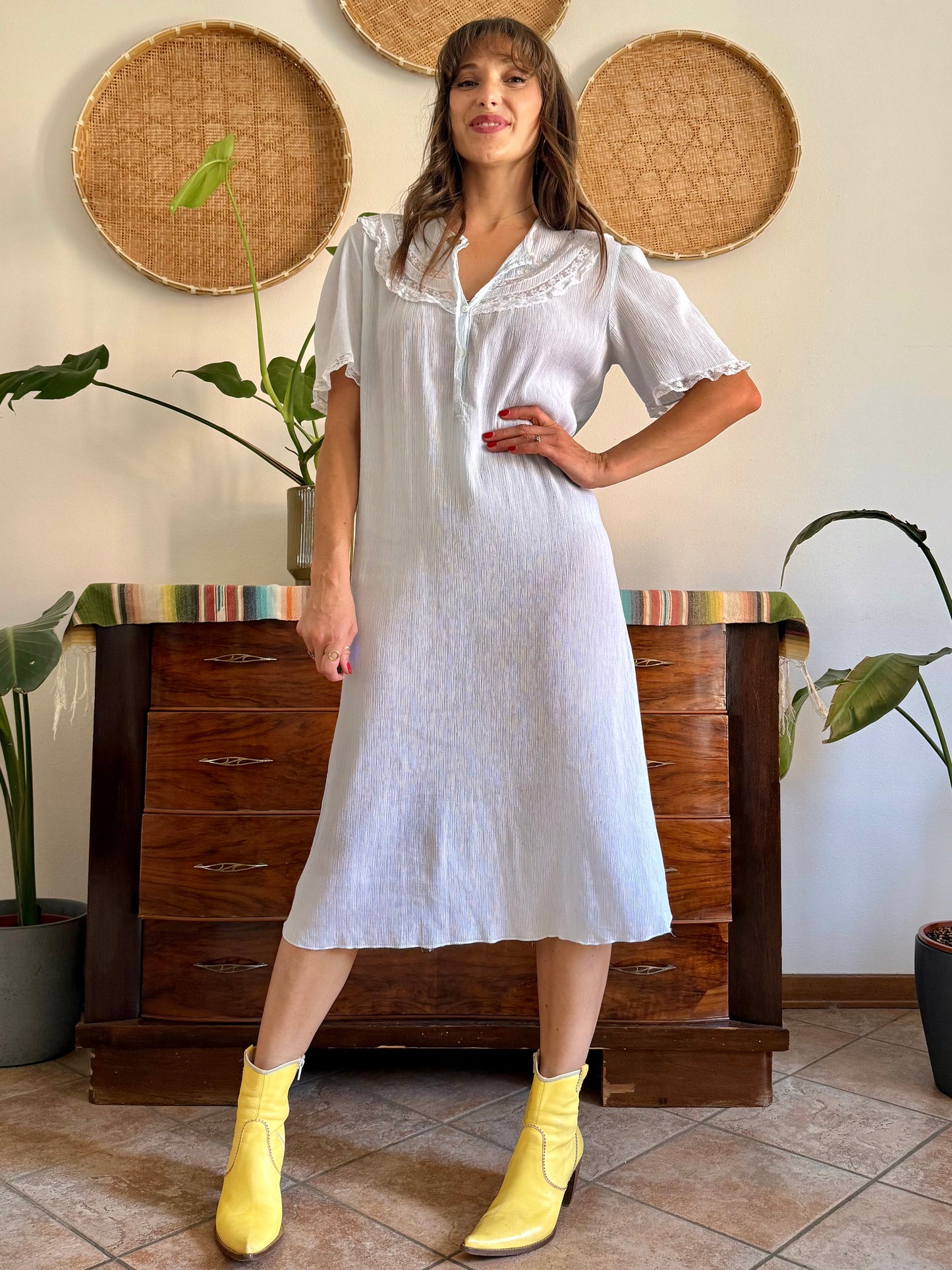1960's vintage powder blue set sheer textured cotton midi dress with polkadot and floral embroidery