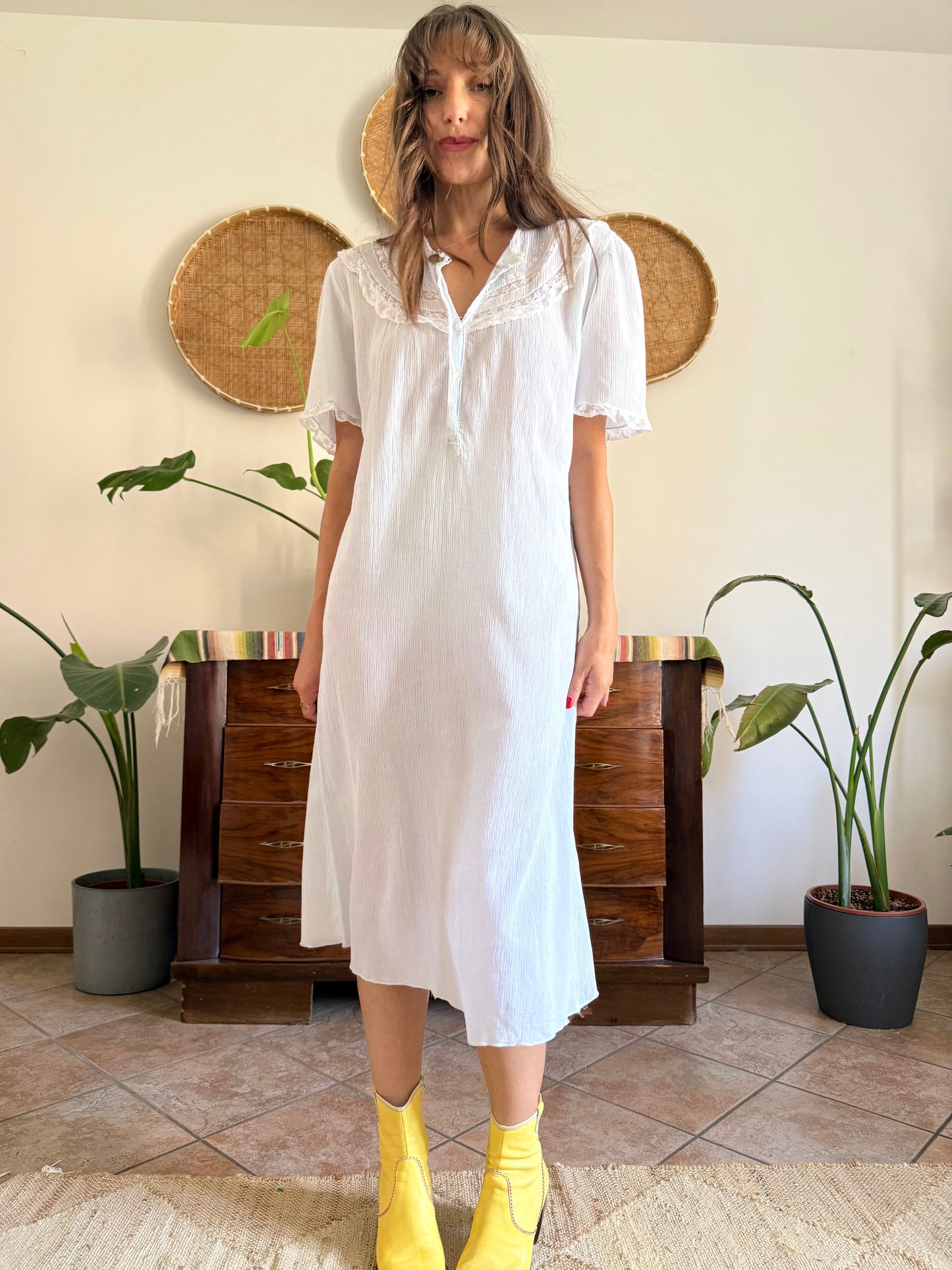 1960's vintage powder blue set sheer textured cotton midi dress with polkadot and floral embroidery