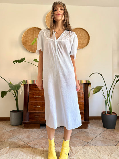 1960's vintage powder blue set sheer textured cotton midi dress with polkadot and floral embroidery
