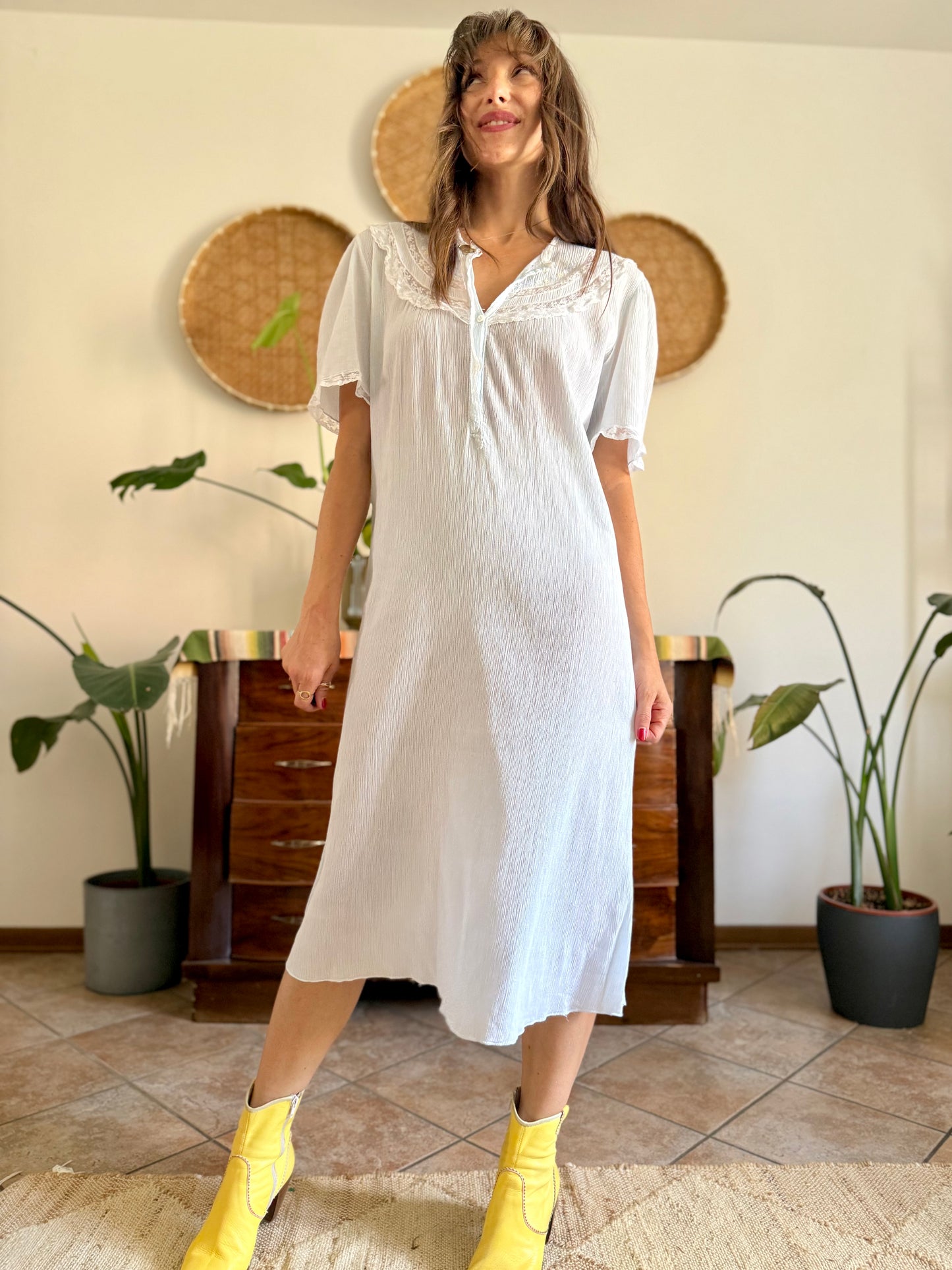 1960's vintage powder blue set sheer textured cotton midi dress with polkadot and floral embroidery