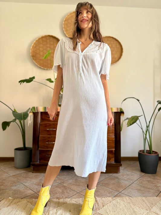 1960's vintage powder blue set sheer textured cotton midi dress with polkadot and floral embroidery