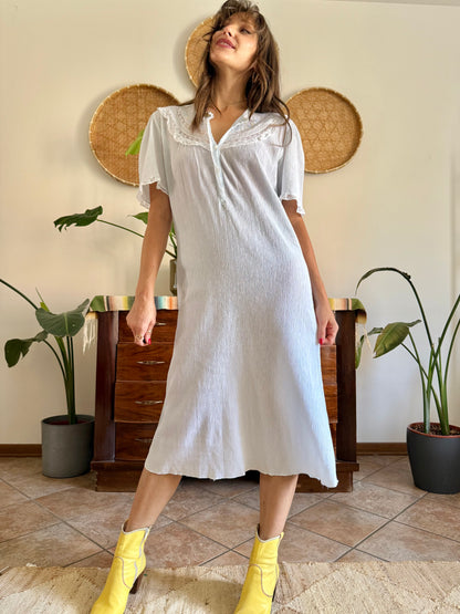 1960's vintage powder blue set sheer textured cotton midi dress with polkadot and floral embroidery