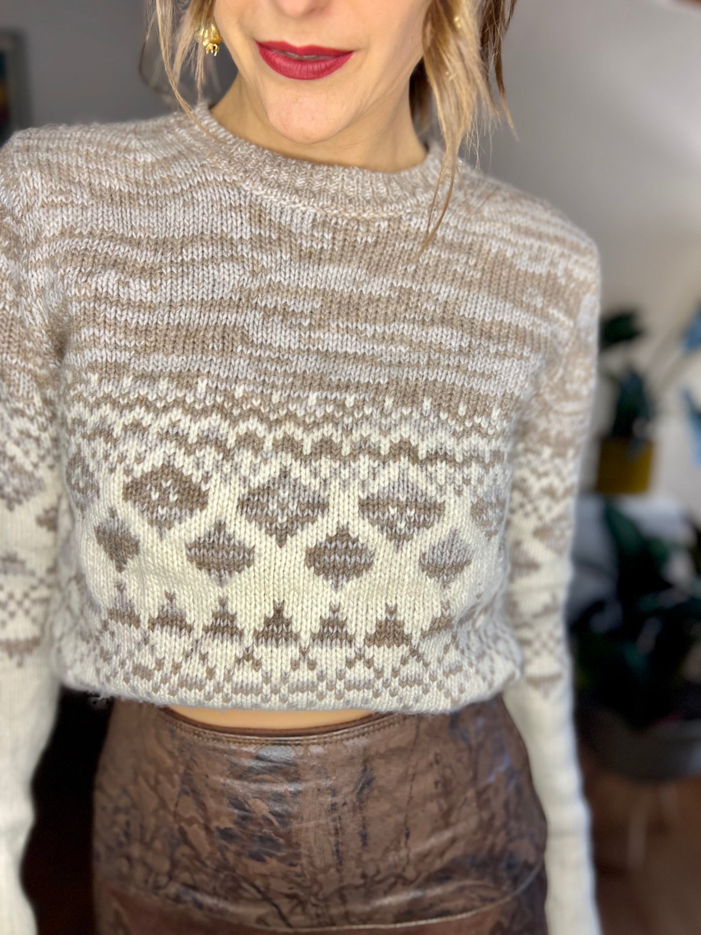 1990's vintage cream and beige geometric knit pullover