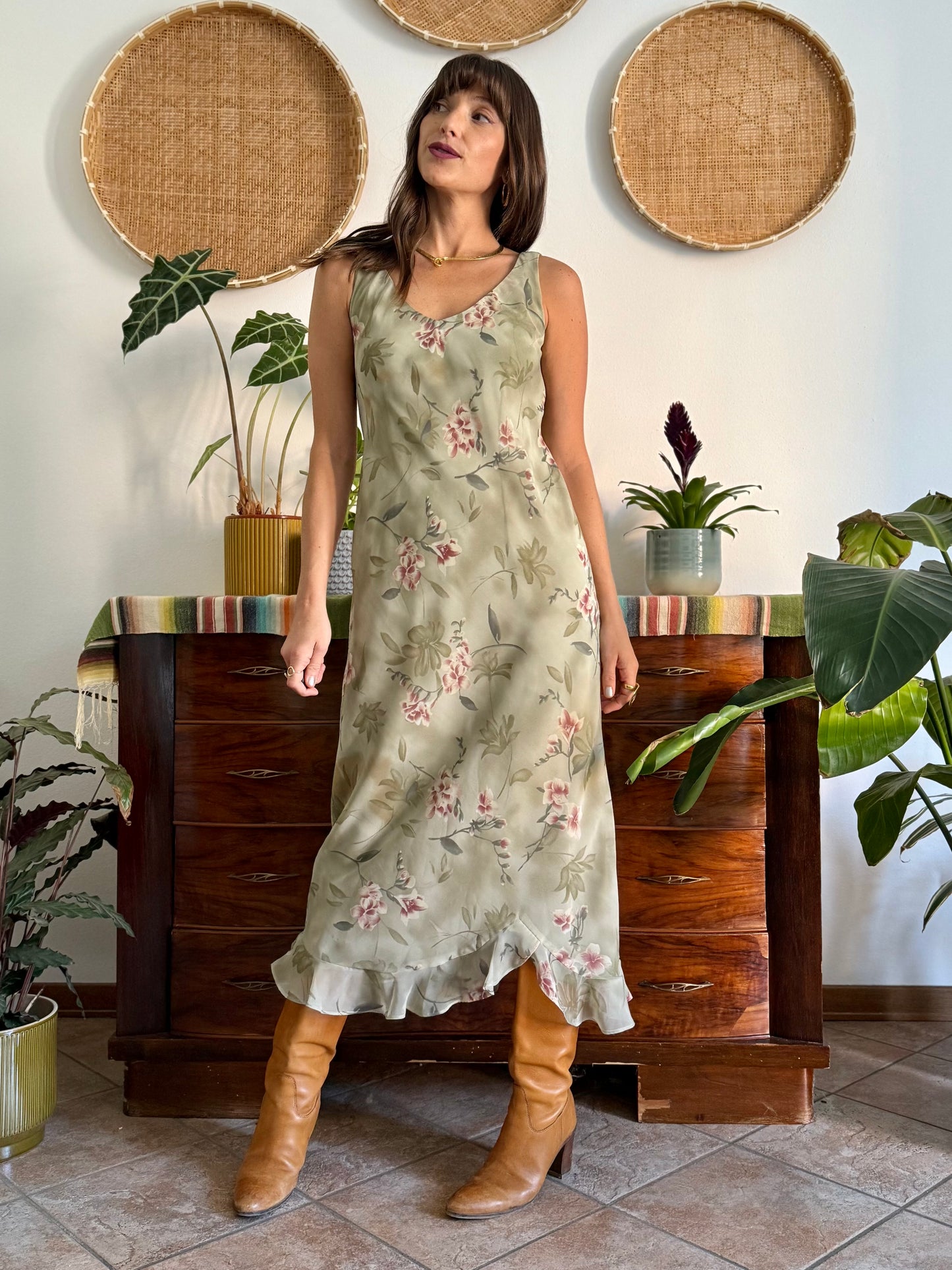 1990's vintage green maxi slip dress pink floral print