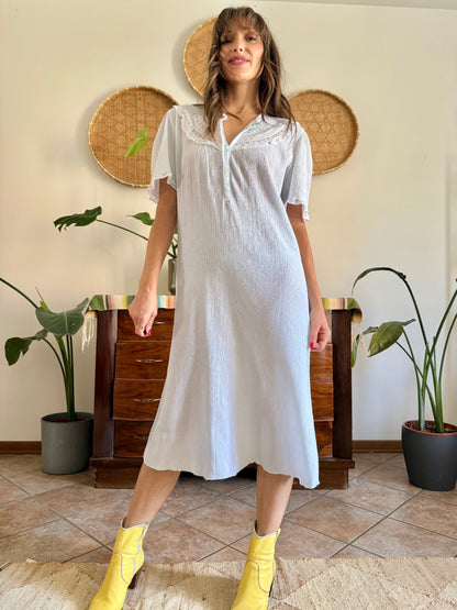 1960's vintage powder blue set sheer textured cotton midi dress with polkadot and floral embroidery