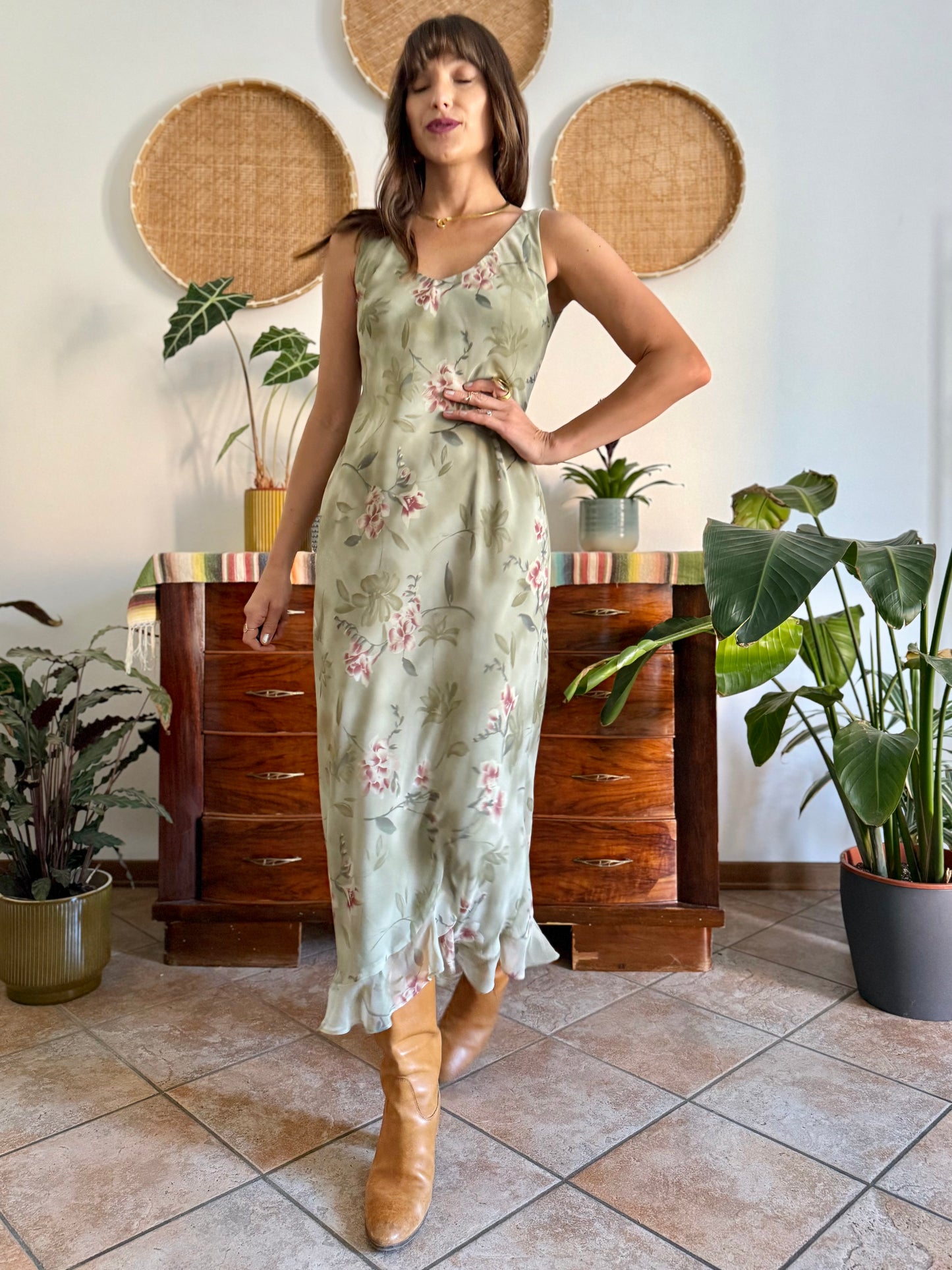 1990's vintage green maxi slip dress pink floral print