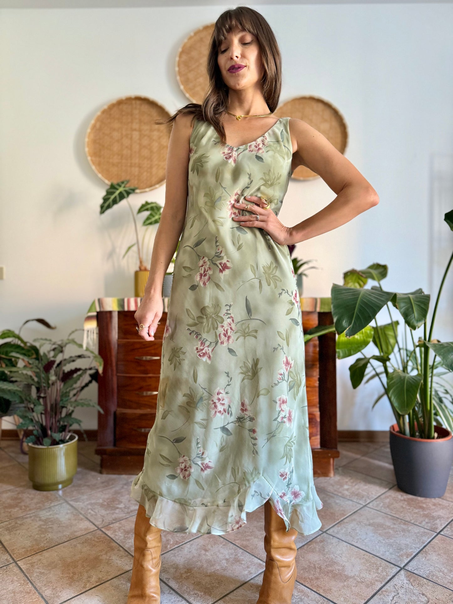 1990's vintage green maxi slip dress pink floral print