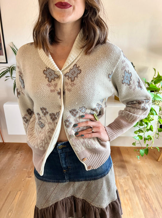 1980's vintage tan and blue floral spring cardigan