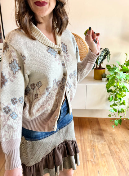 1980's vintage tan and blue floral spring cardigan