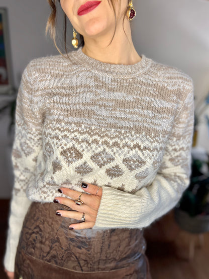 1990's vintage cream and beige geometric knit pullover