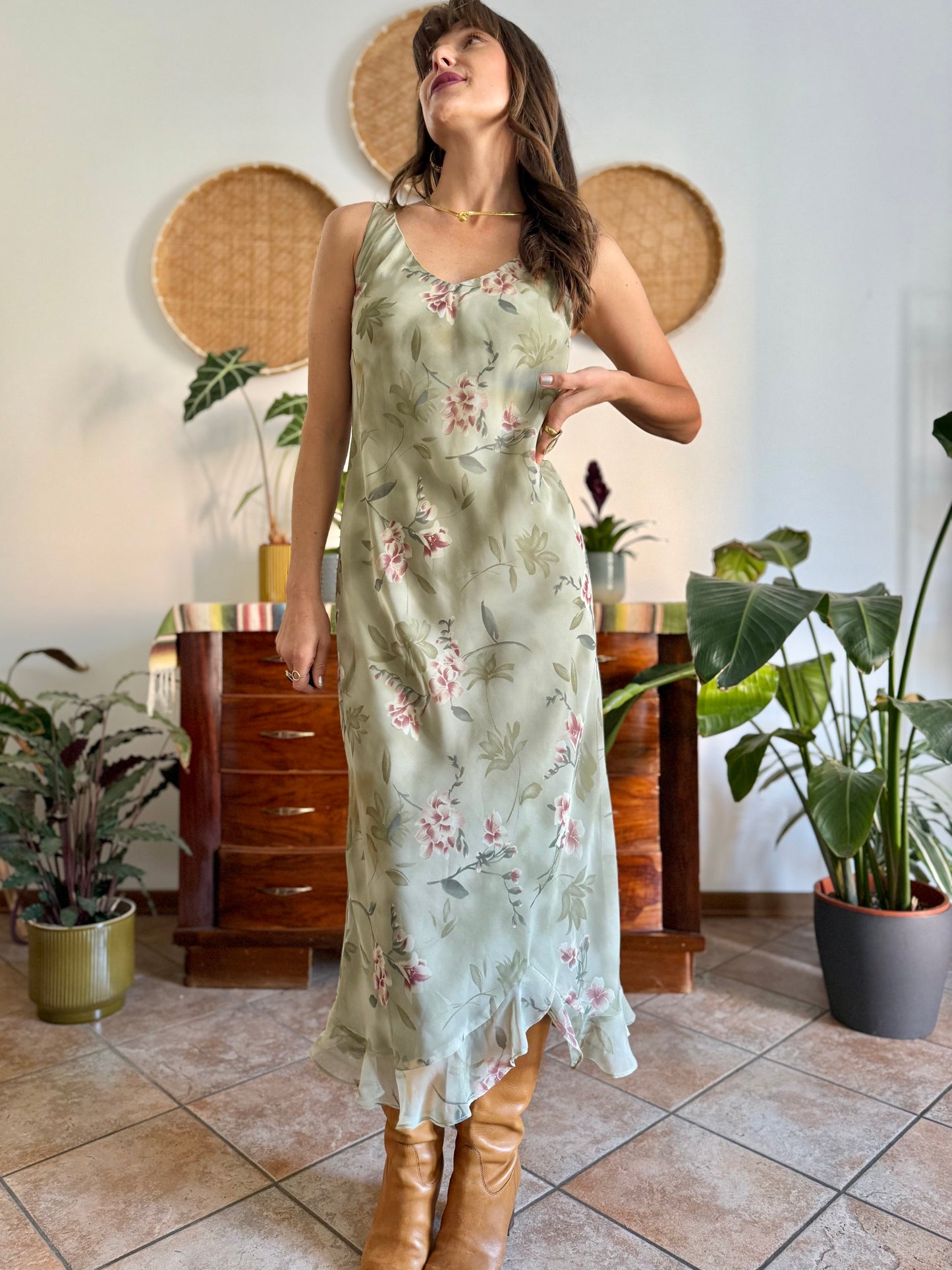 1990's vintage green maxi slip dress pink floral print
