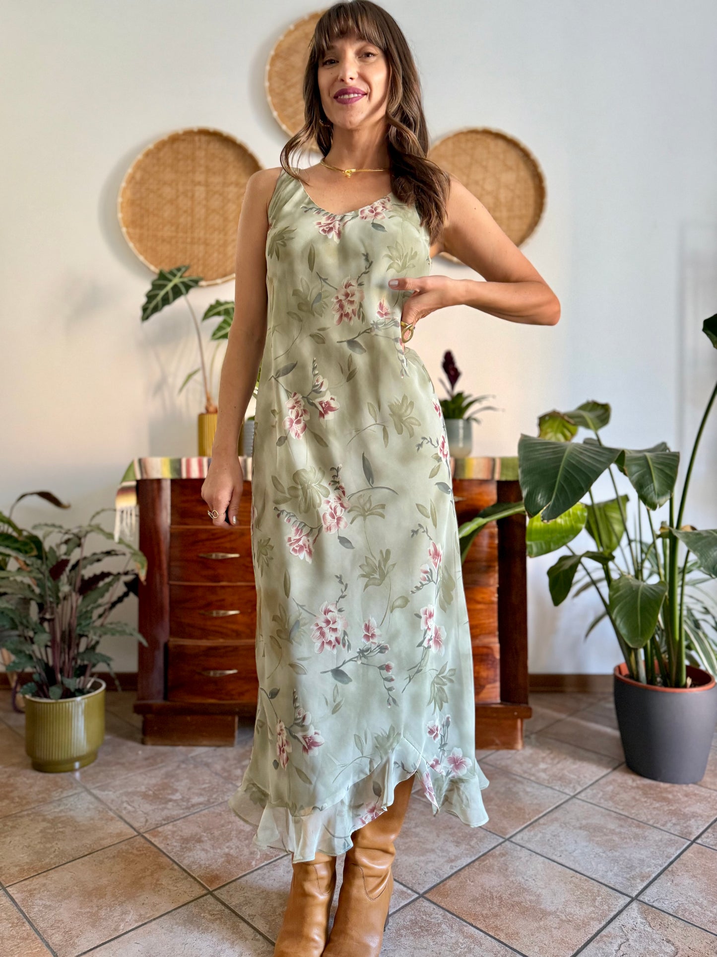 1990's vintage green maxi slip dress pink floral print