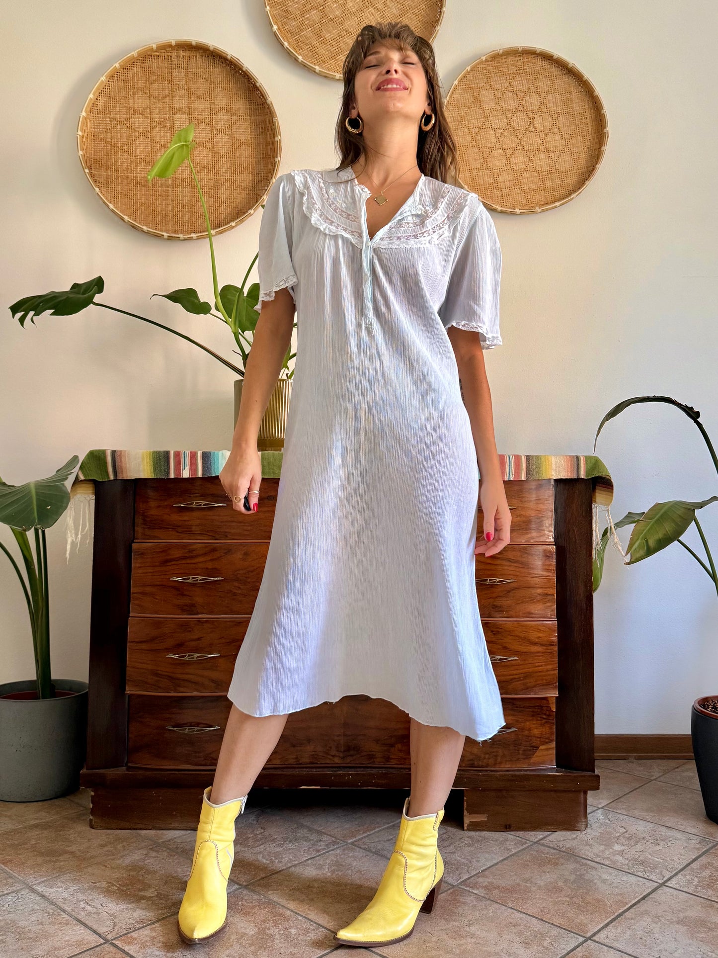 1960's vintage powder blue set sheer textured cotton midi dress with polkadot and floral embroidery