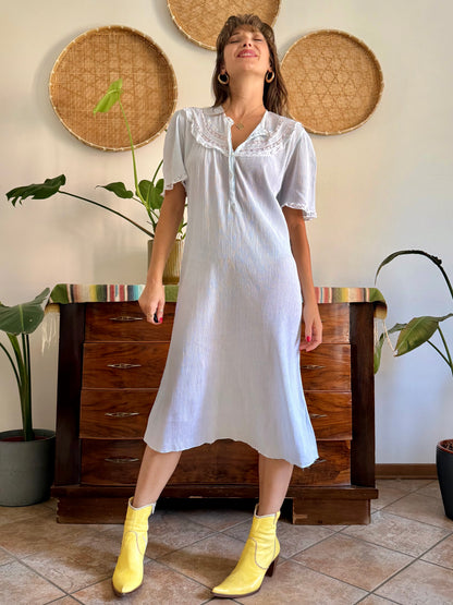 1960's vintage powder blue set sheer textured cotton midi dress with polkadot and floral embroidery