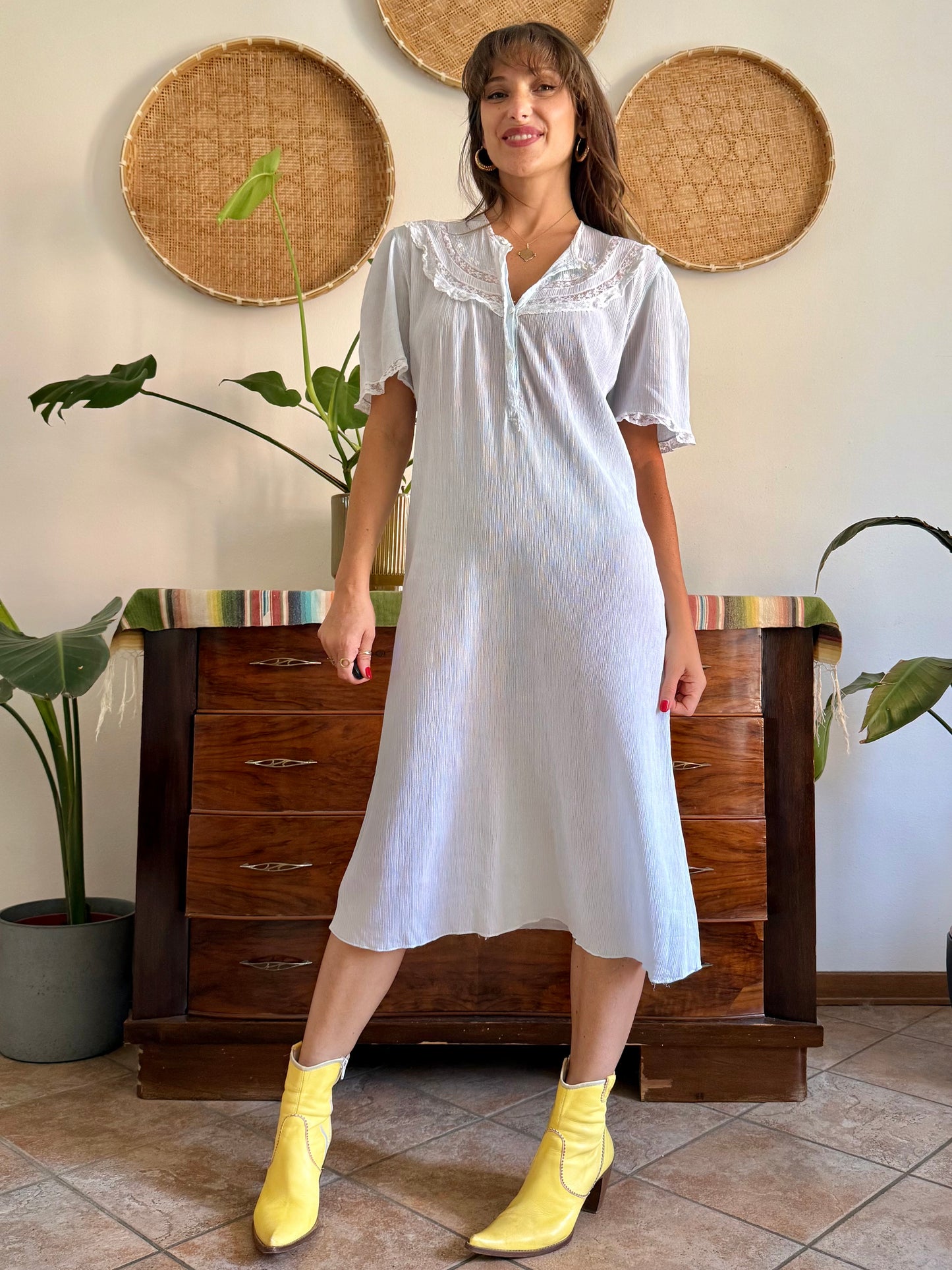 1960's vintage powder blue set sheer textured cotton midi dress with polkadot and floral embroidery