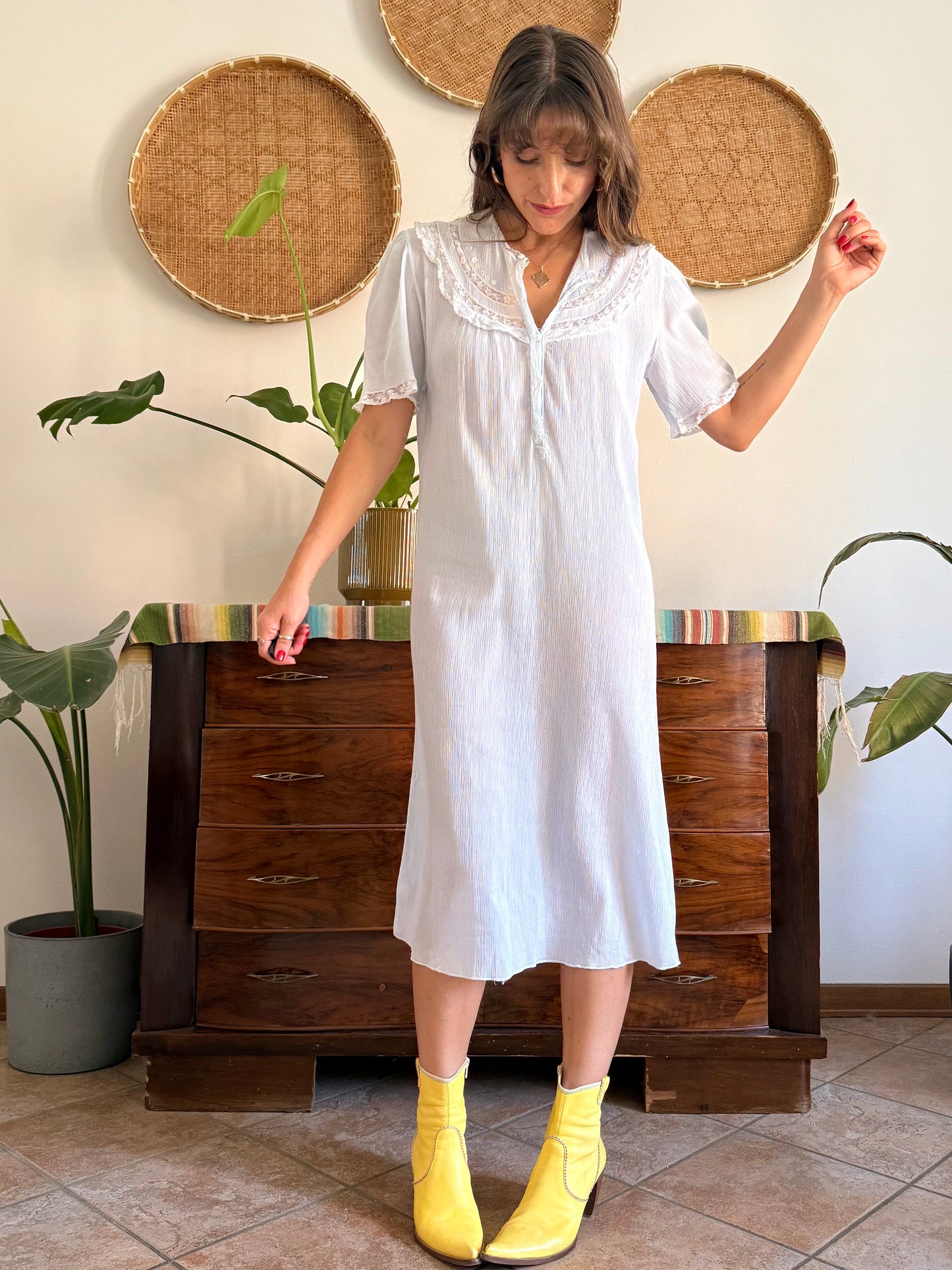 1960's vintage powder blue set sheer textured cotton midi dress with polkadot and floral embroidery