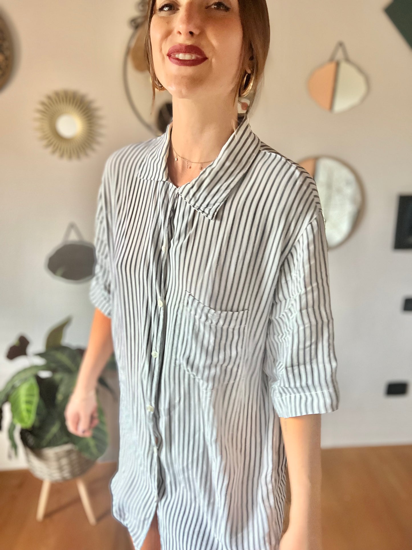 1970's vintage semi sheer grey and white stripe blouse