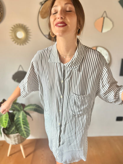 1970's vintage semi sheer grey and white stripe blouse