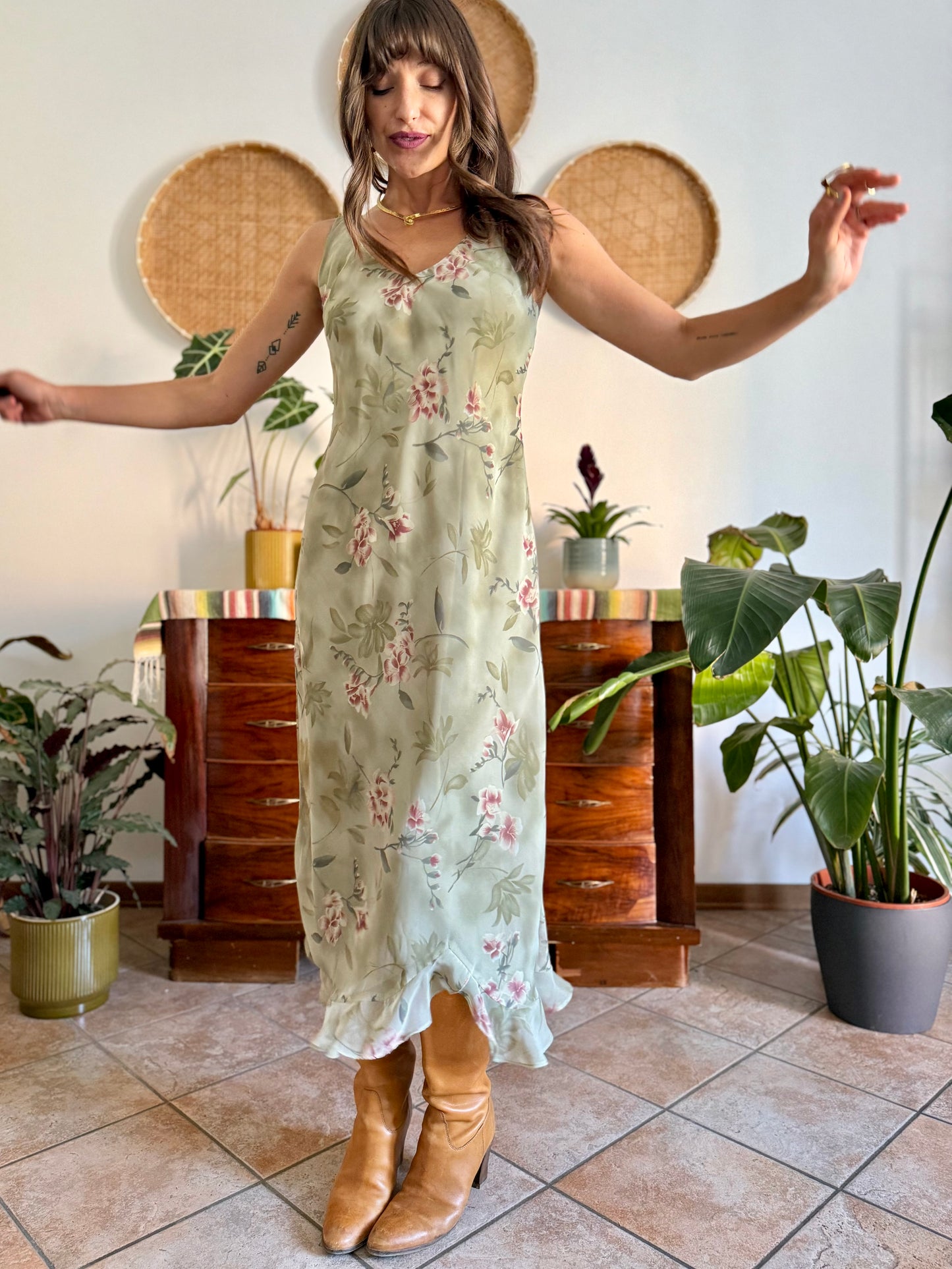 1990's vintage green maxi slip dress pink floral print