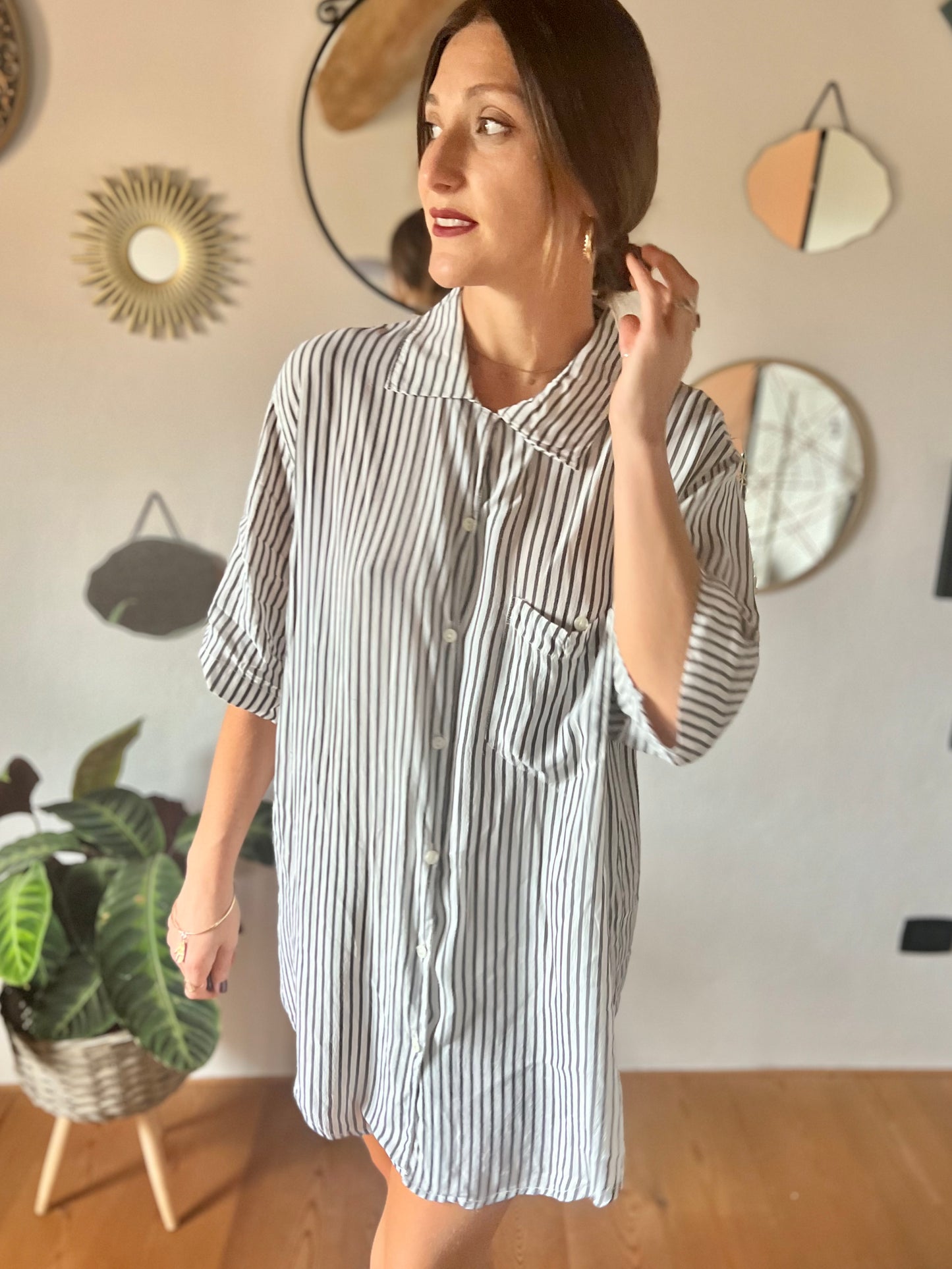 1970's vintage semi sheer grey and white stripe blouse