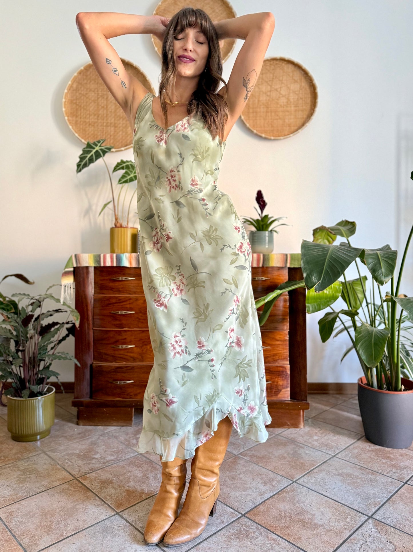 1990's vintage green maxi slip dress pink floral print