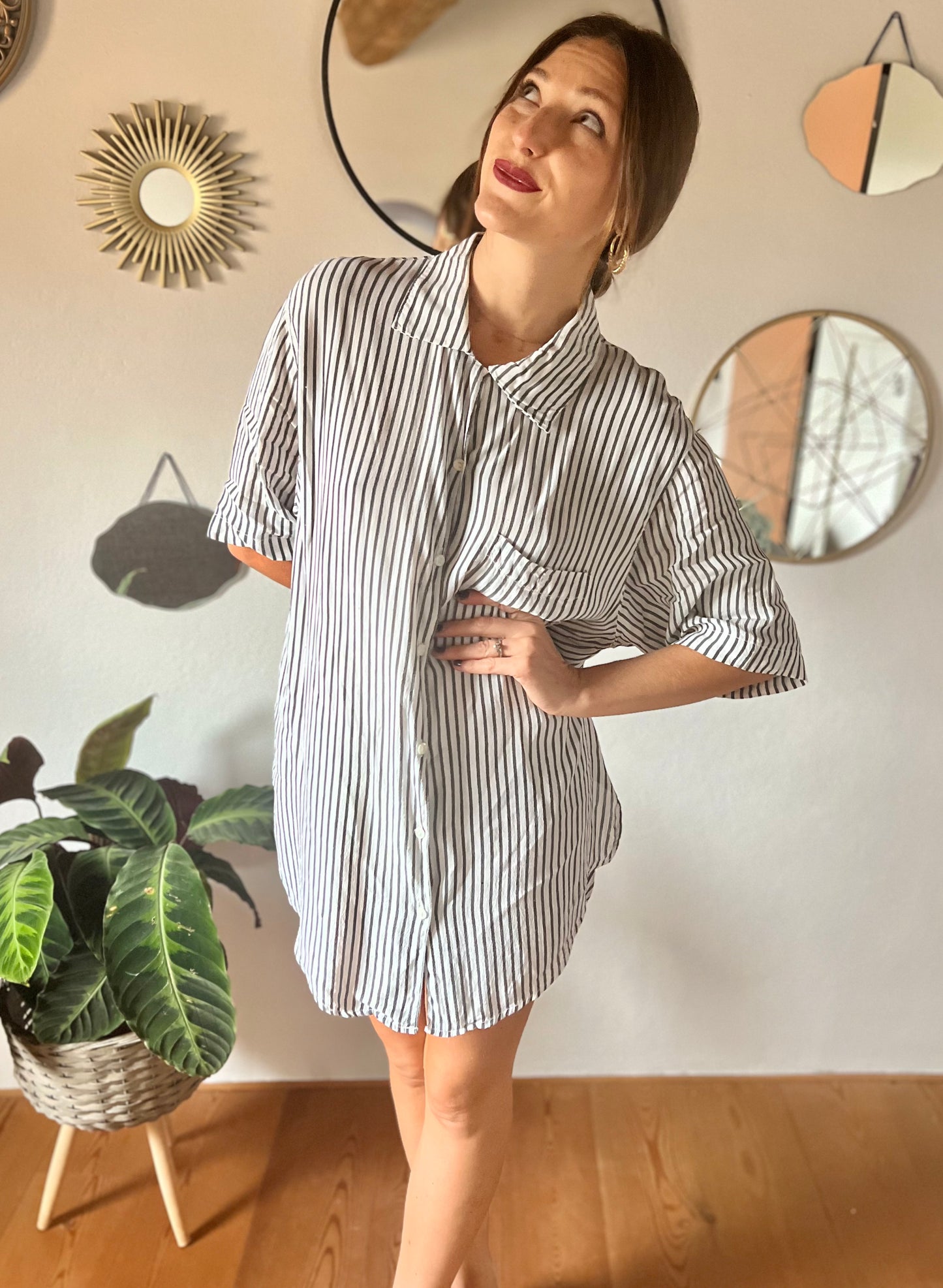 1970's vintage semi sheer grey and white stripe blouse