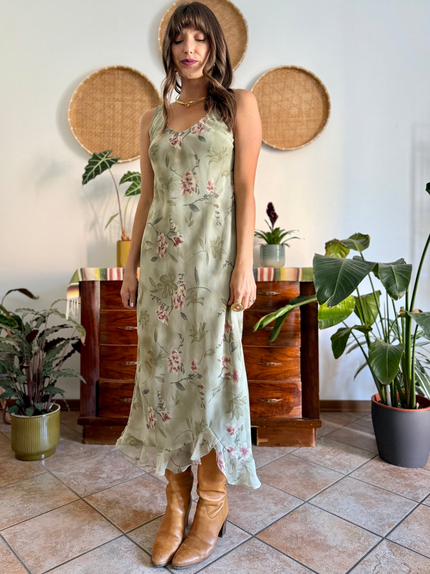 1990's vintage green maxi slip dress pink floral print
