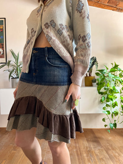 Y2K vintage corduroy and denim skirt with floral embroidery