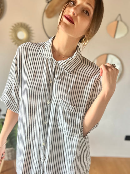 1970's vintage semi sheer grey and white stripe blouse