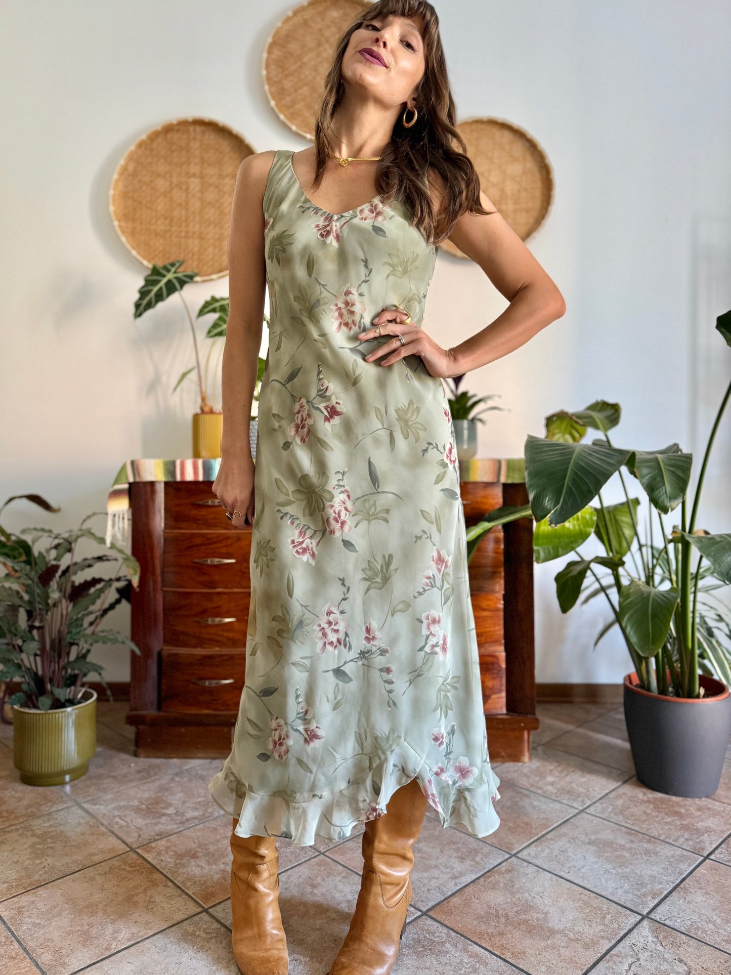 1990's vintage green maxi slip dress pink floral print