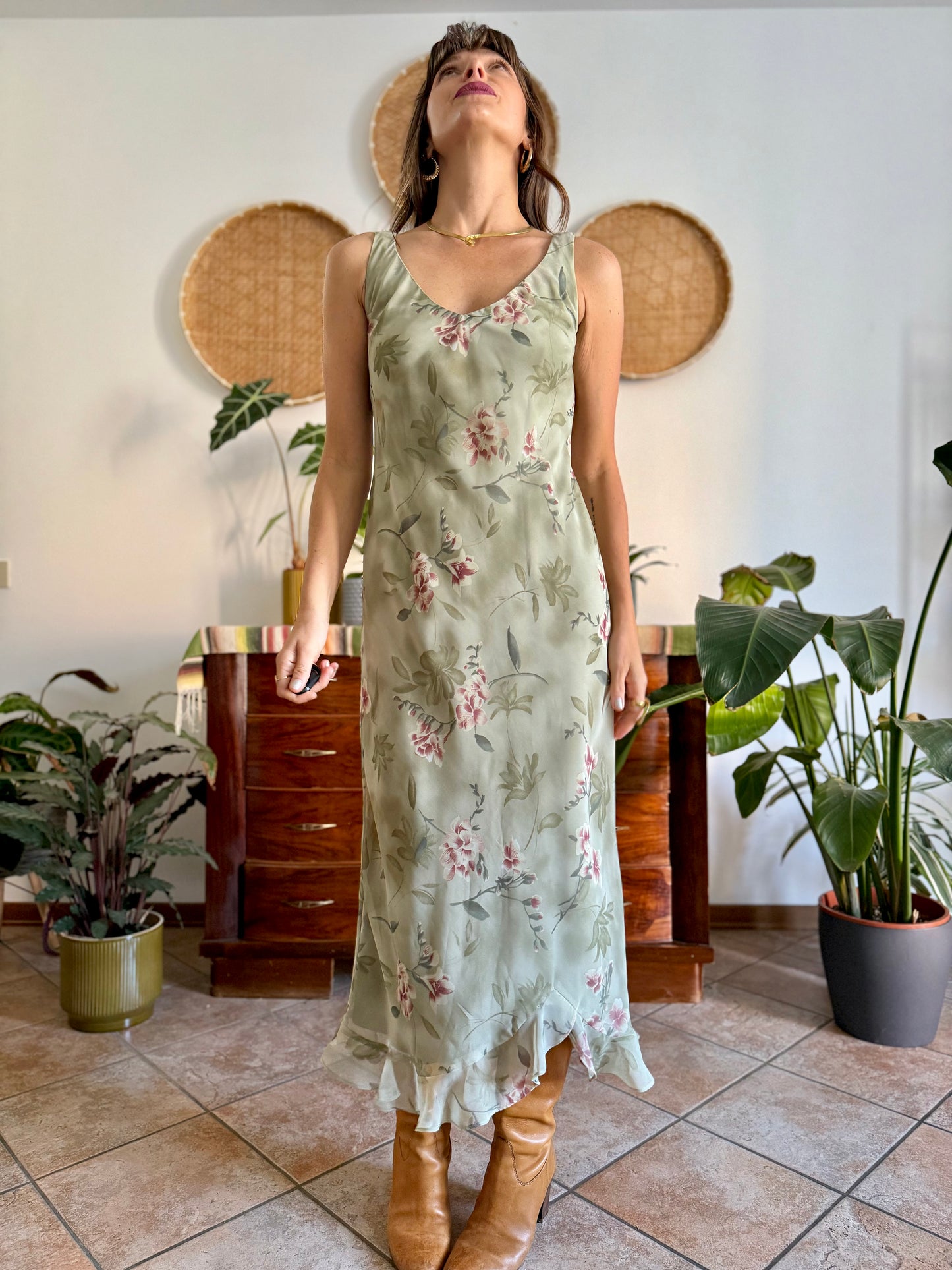 1990's vintage green maxi slip dress pink floral print