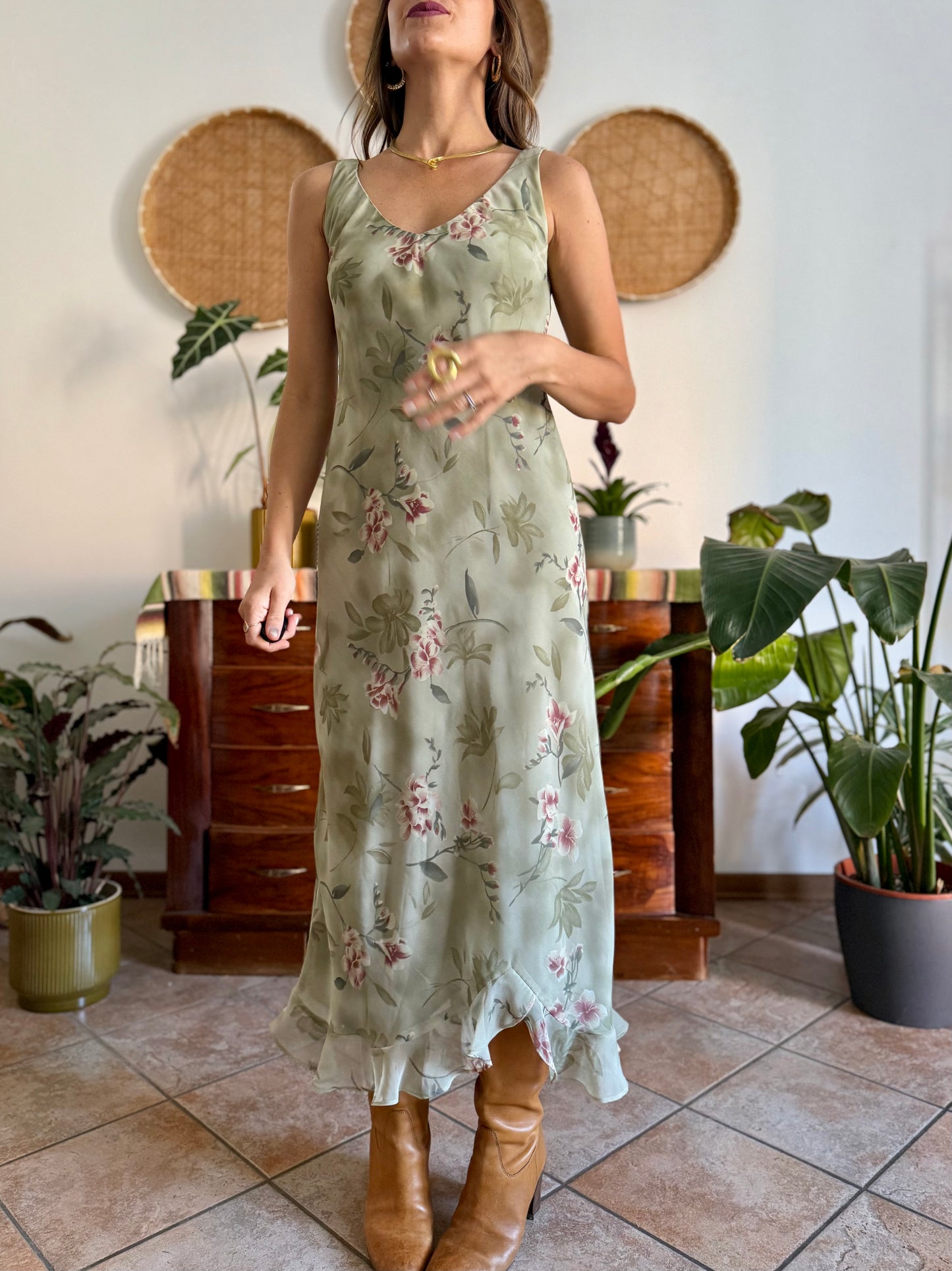 1990's vintage green maxi slip dress pink floral print