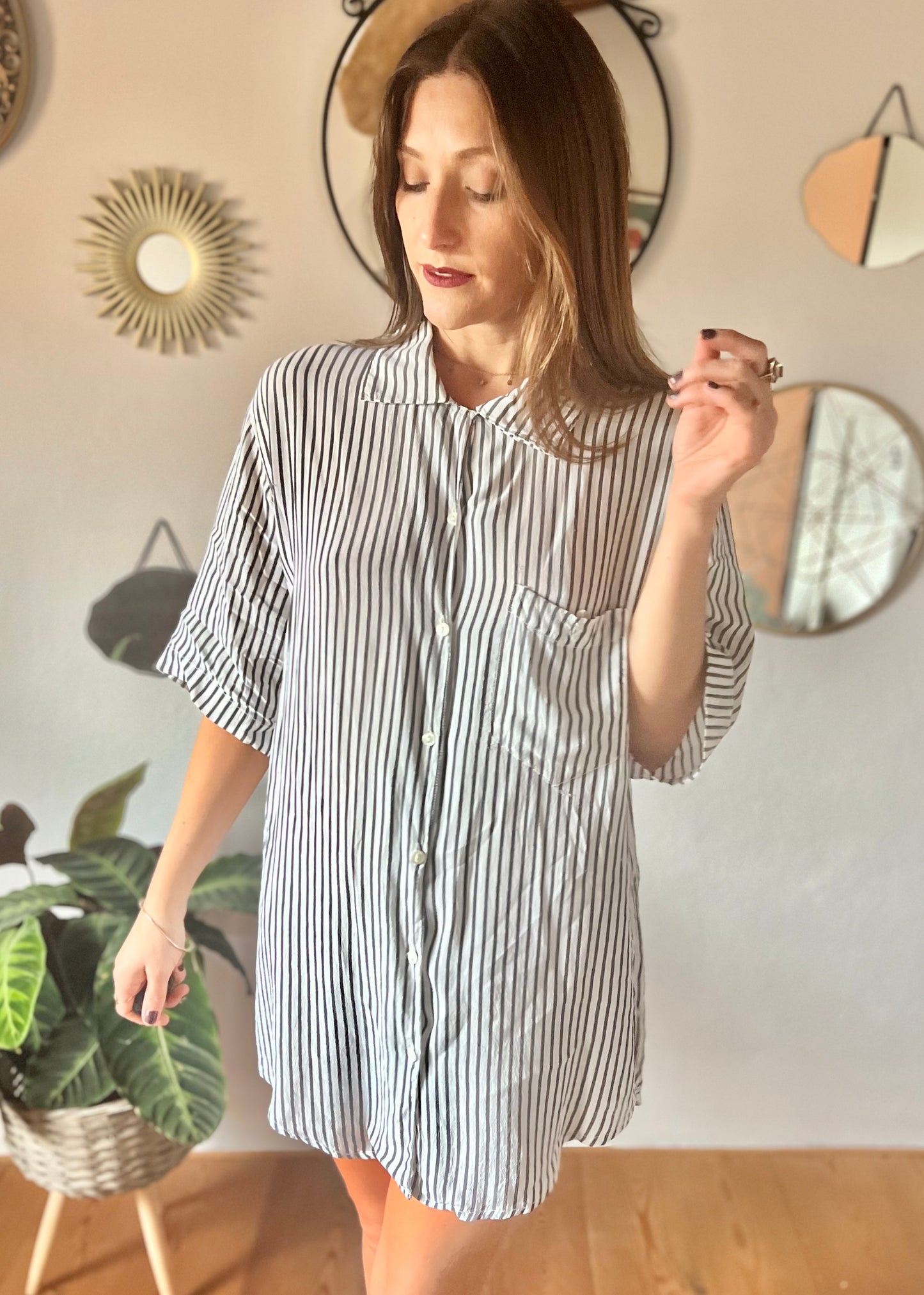 1970's vintage semi sheer grey and white stripe blouse